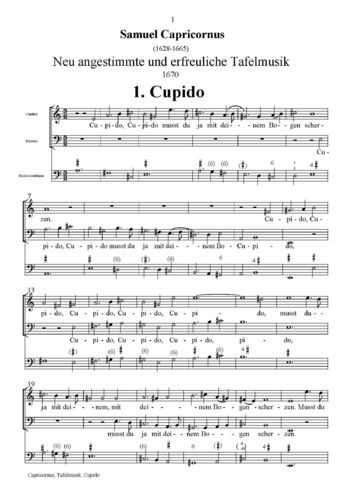 Samuel Capricornus: Neuangestimmte und erfreuliche
Tafel=Music (Hrsg. G. Till) für 2
und 3 Singstimmen und b.c.
